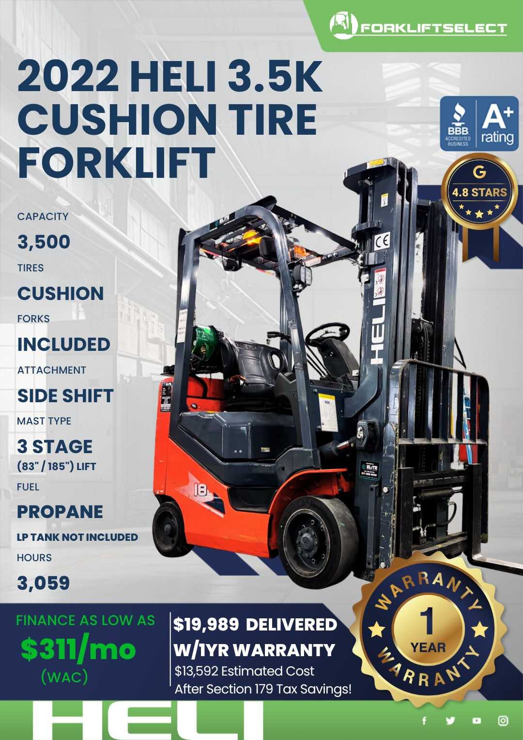 2022 HELI 3.5K Cushion Tire Forklif...