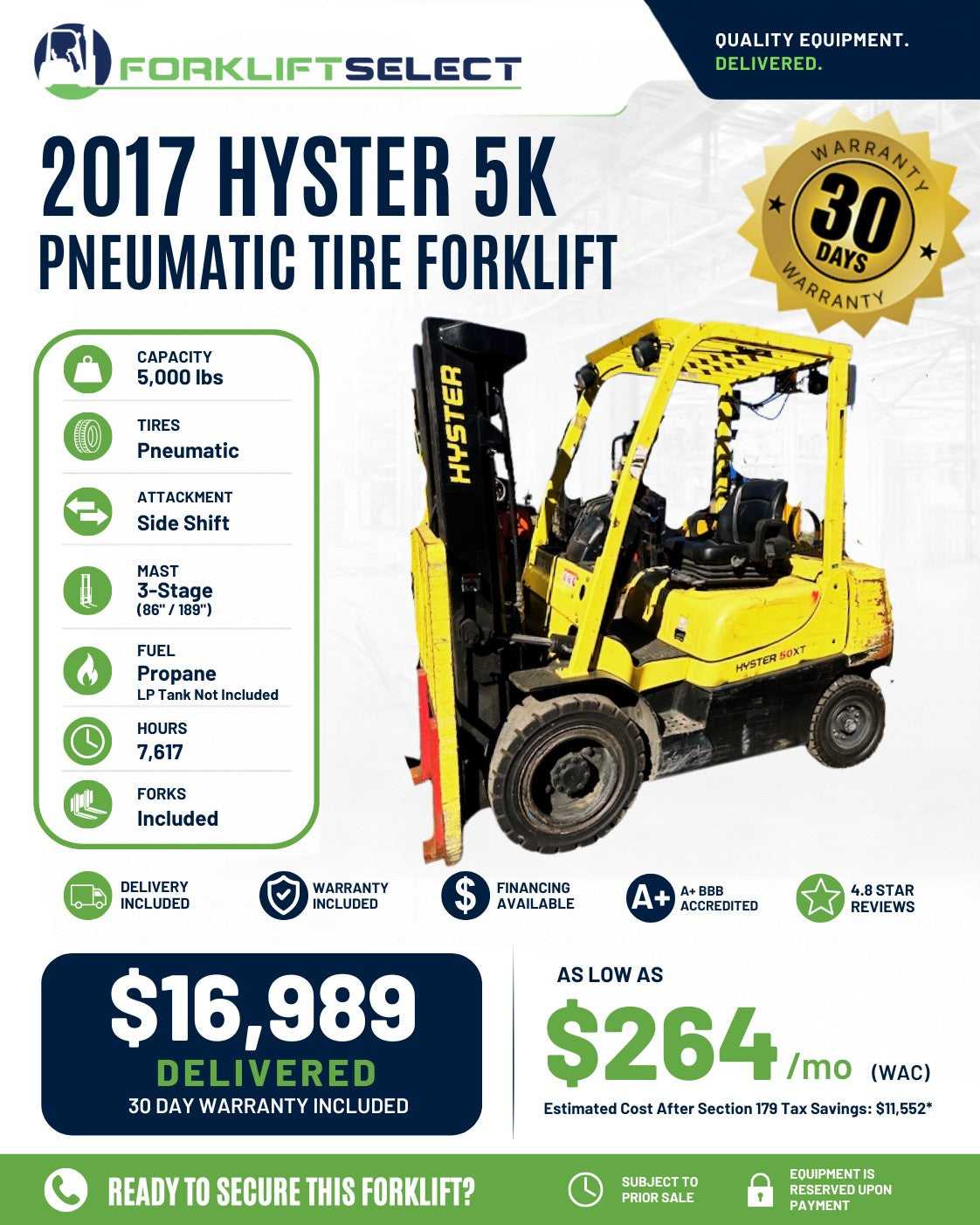 2017 Hyster 5K Pneumatic Tire Forklift