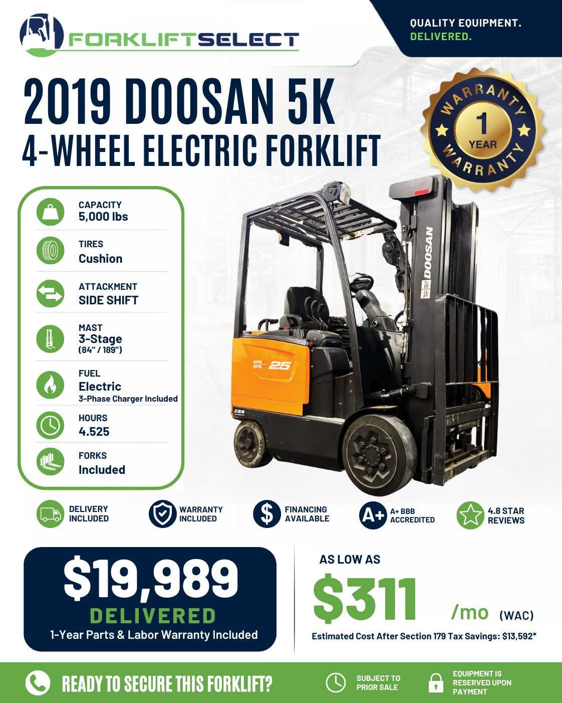 2019 Doosan 5K Cushion Tire Forklif...