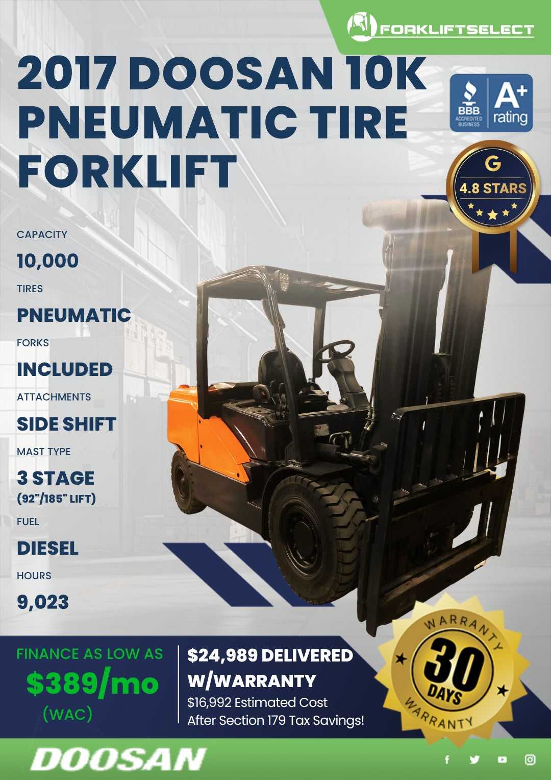 2017 Doosan 10K Pneumatic Tire Fork...