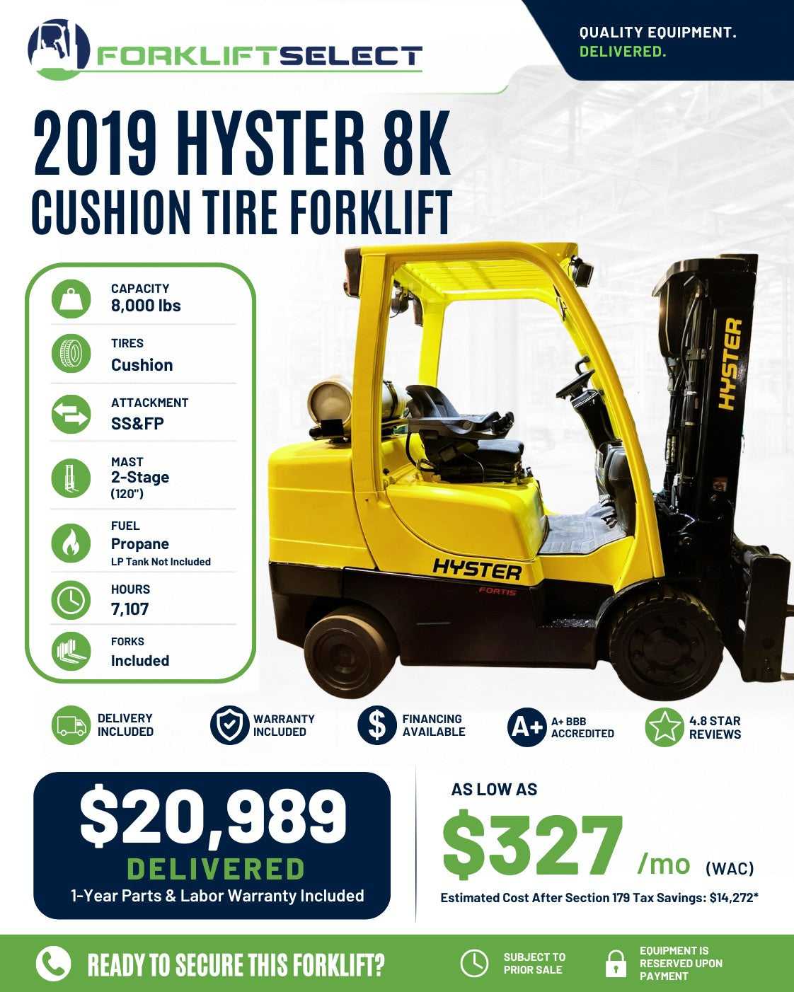2019 Hyster 8K Cushion Tire Forklift
