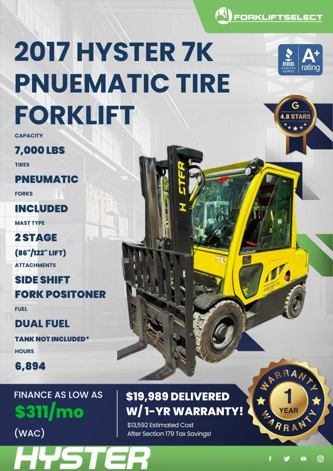 2017 Hyster 7K Pneumatic Tire Forklift