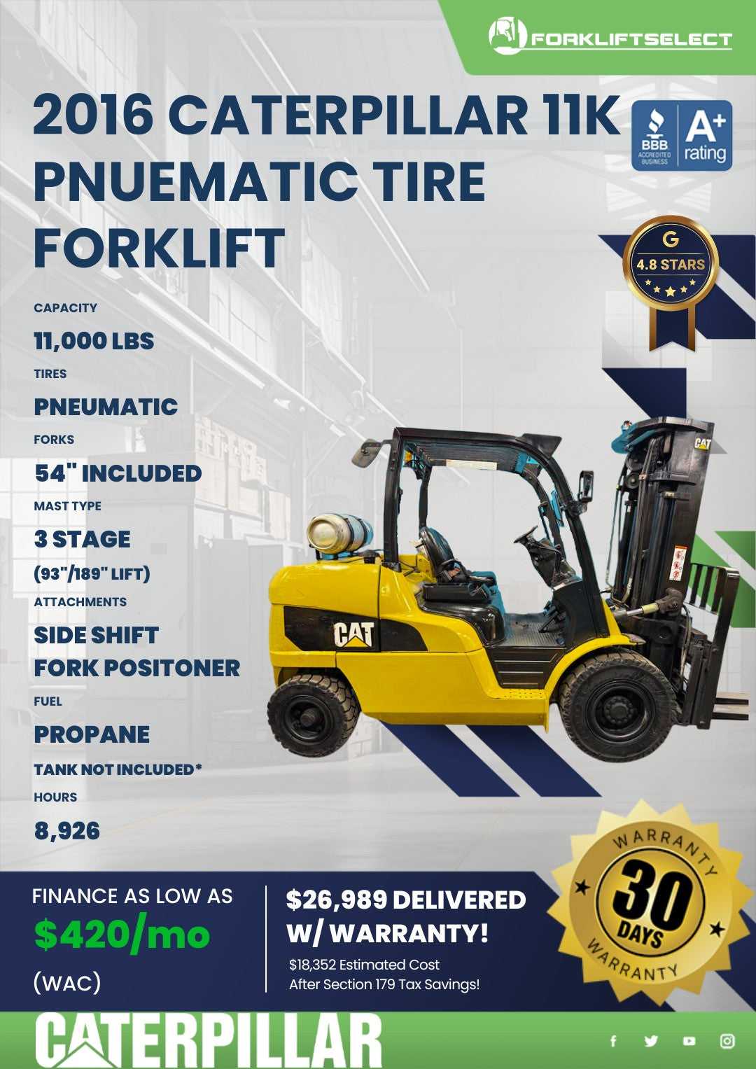 2016 Caterpillar 11K Pneumatic Tire Forklift