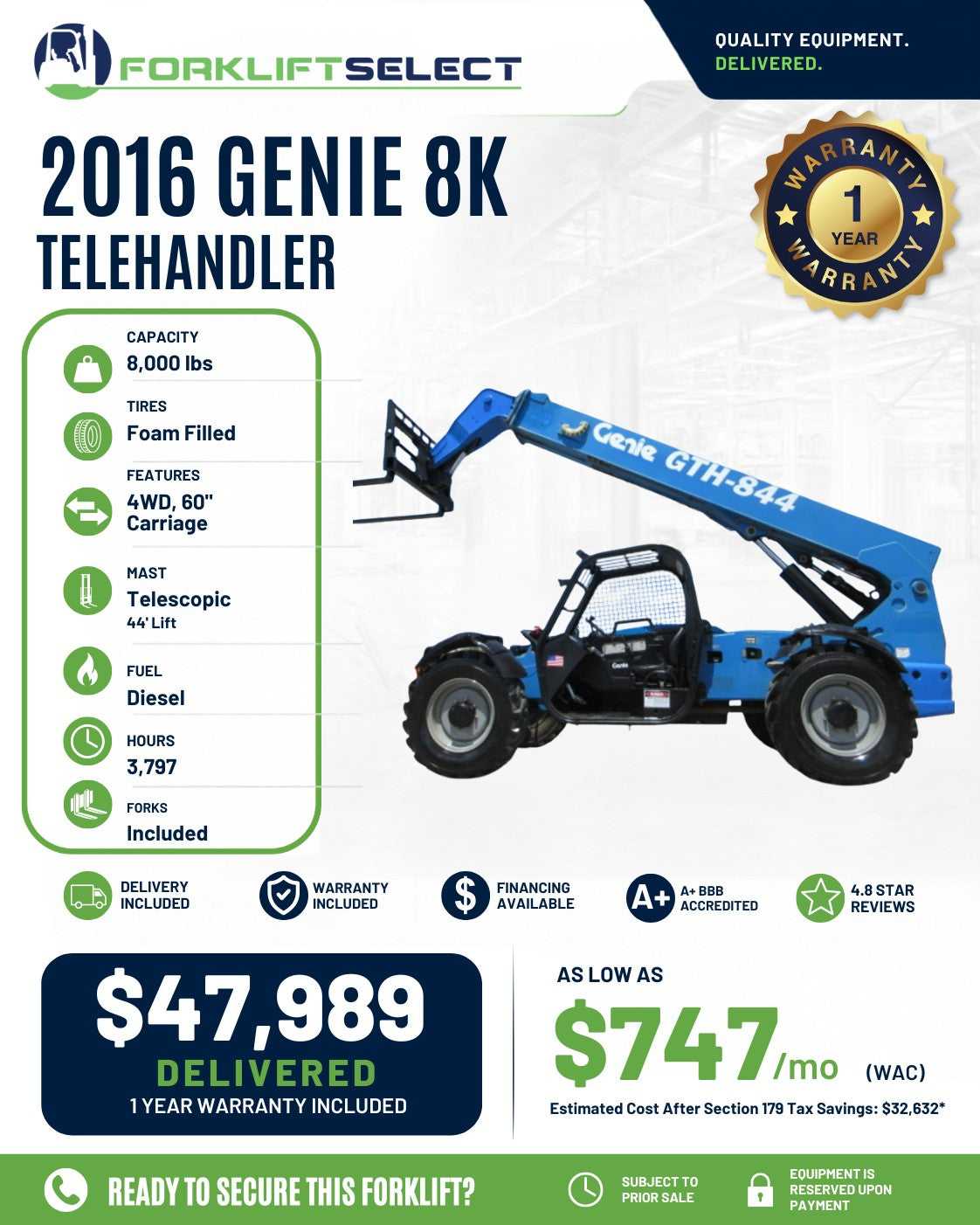 2016 Genie 8K Cushion Tire Forklift
