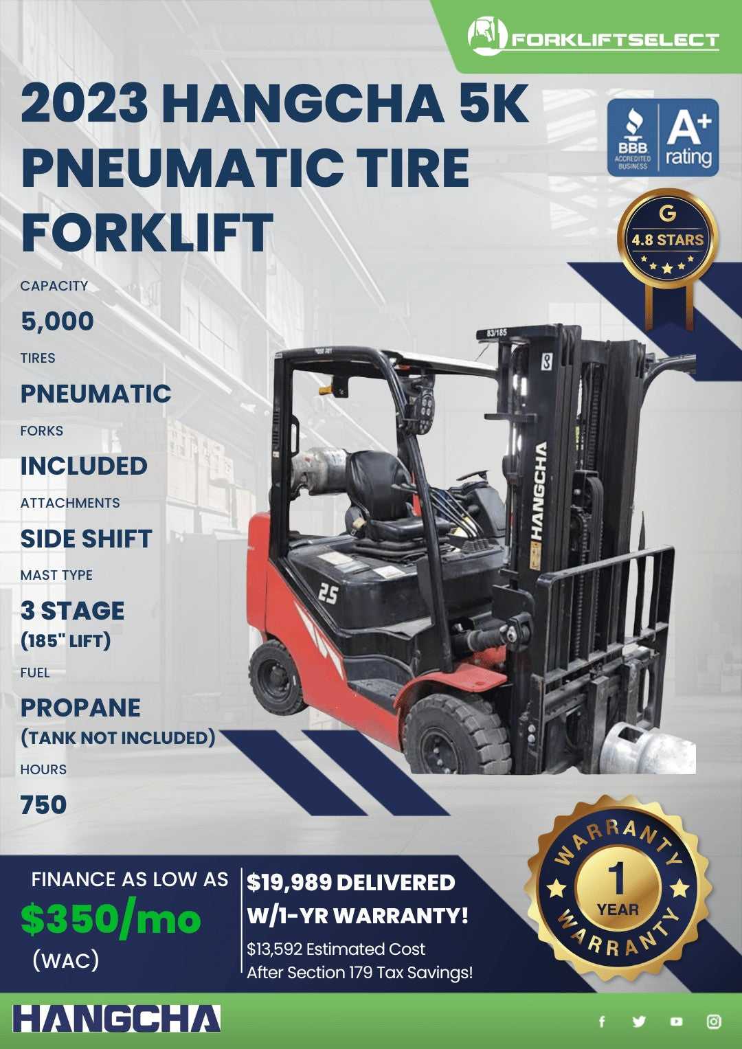 2023 Hangcha 5K Pneumatic Tire Forklift