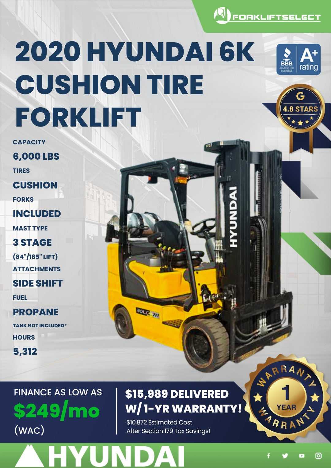 2020 Hyundai 6K Cushion Tire Forklift