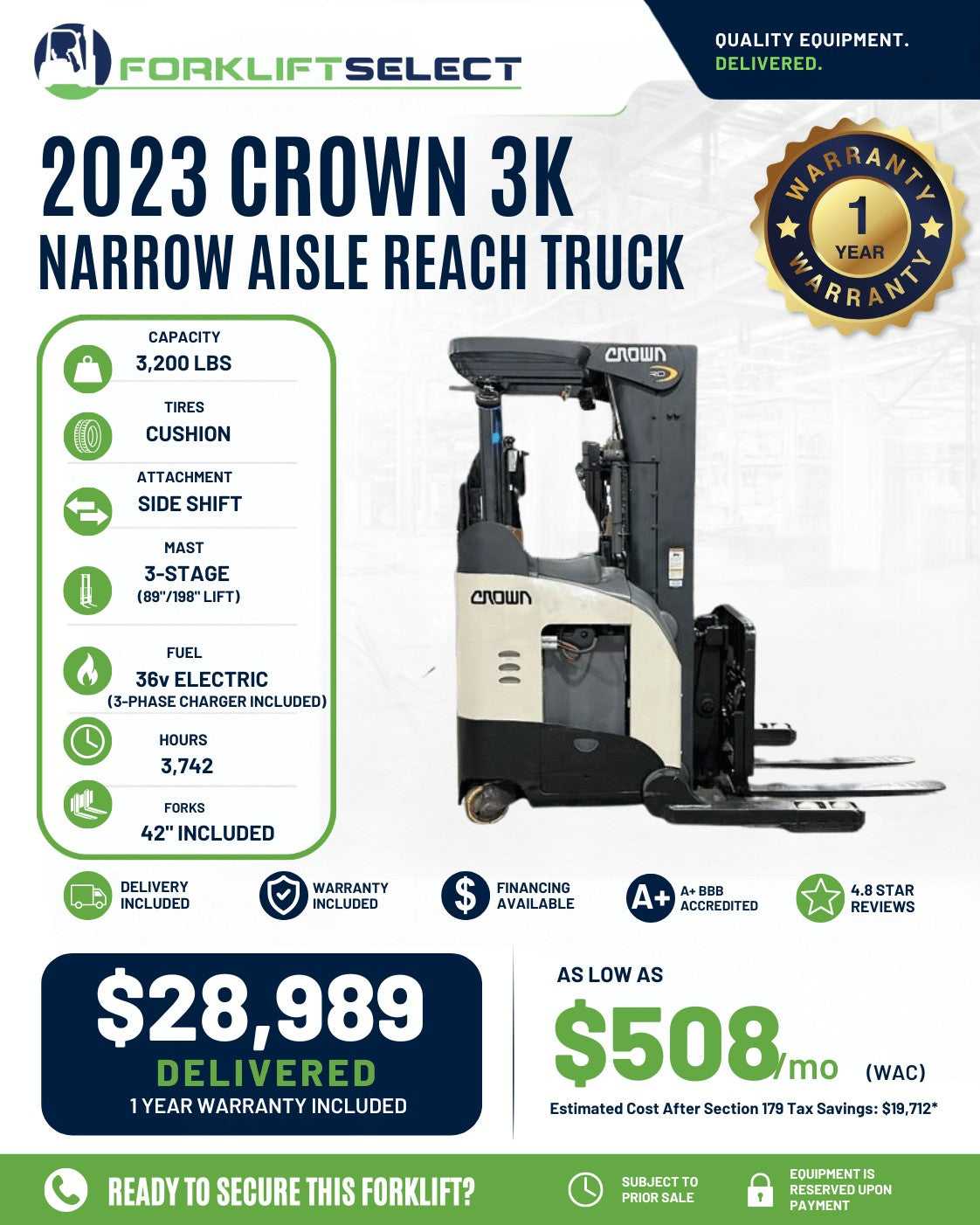 2023 Crown 3.2K Cushion Tire Forklift