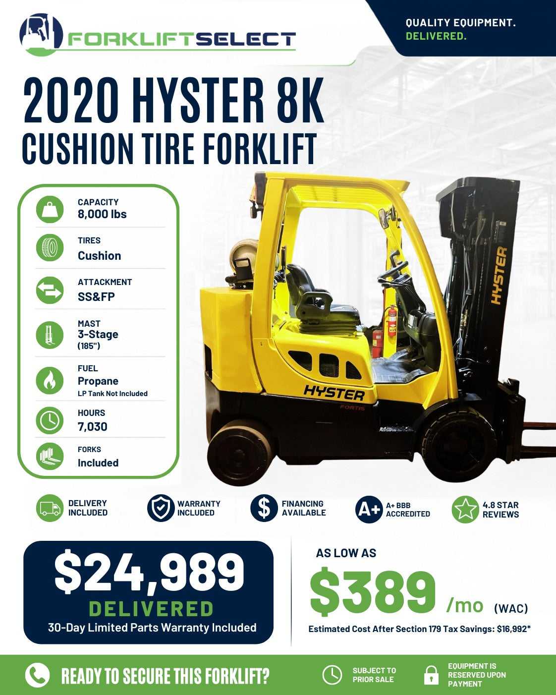 2020 Hyster 8K Cushion Tire Forklift