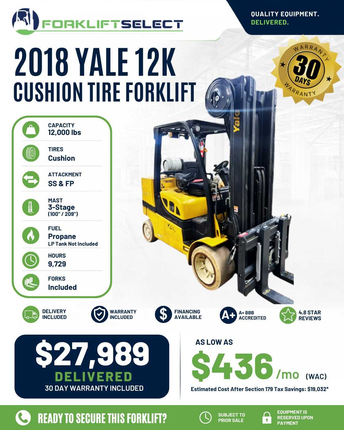 2018 Yale 12K Cushion Tire Forklift...