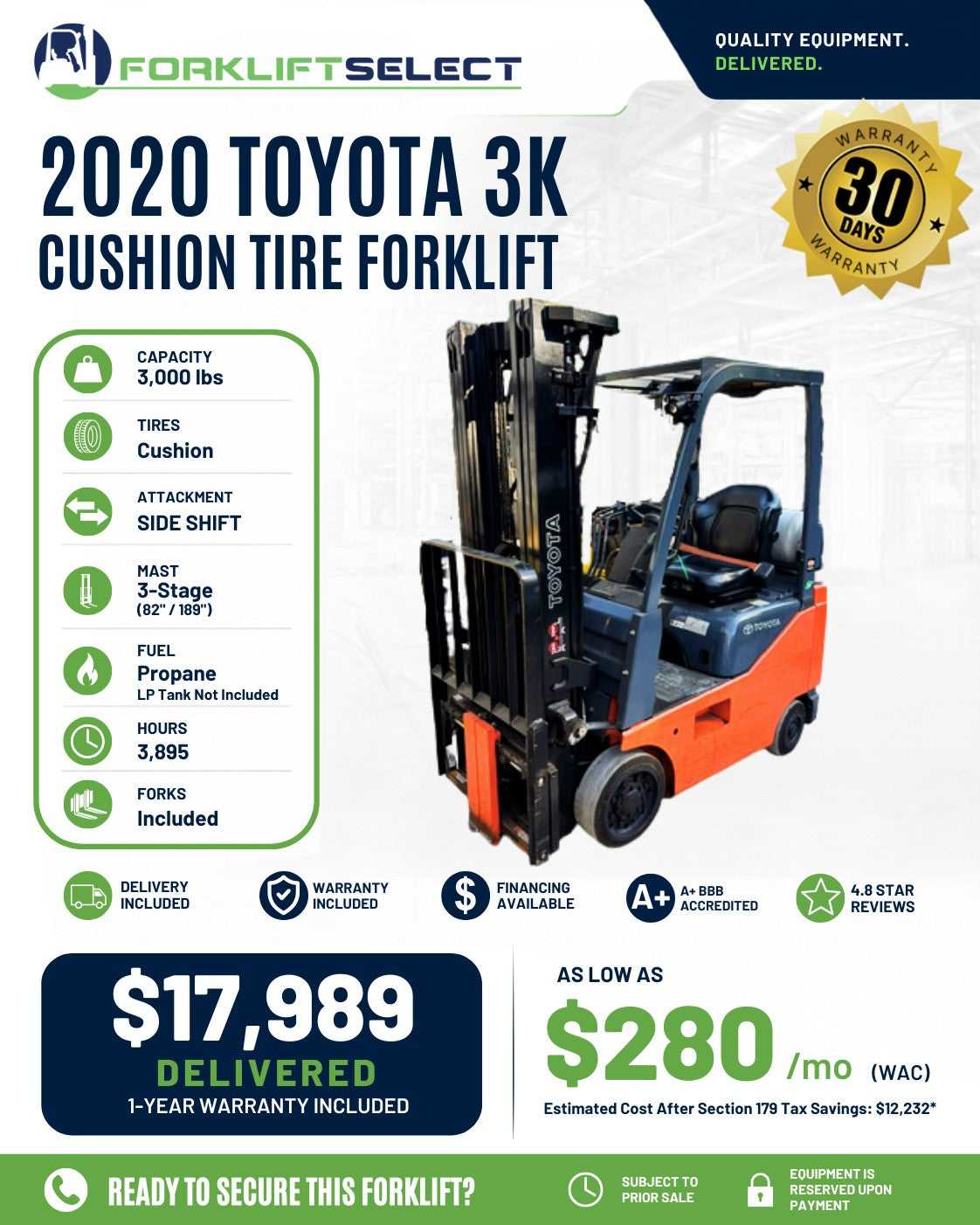 2020 Toyota 3K Cushion Tire Forklif...