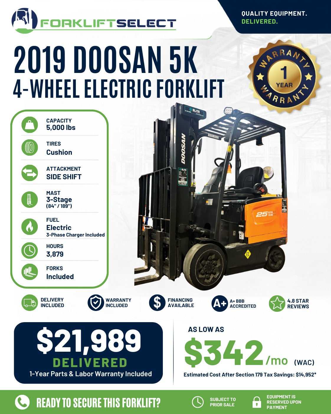 2019 Doosan 5K Cushion Tire Forklif...