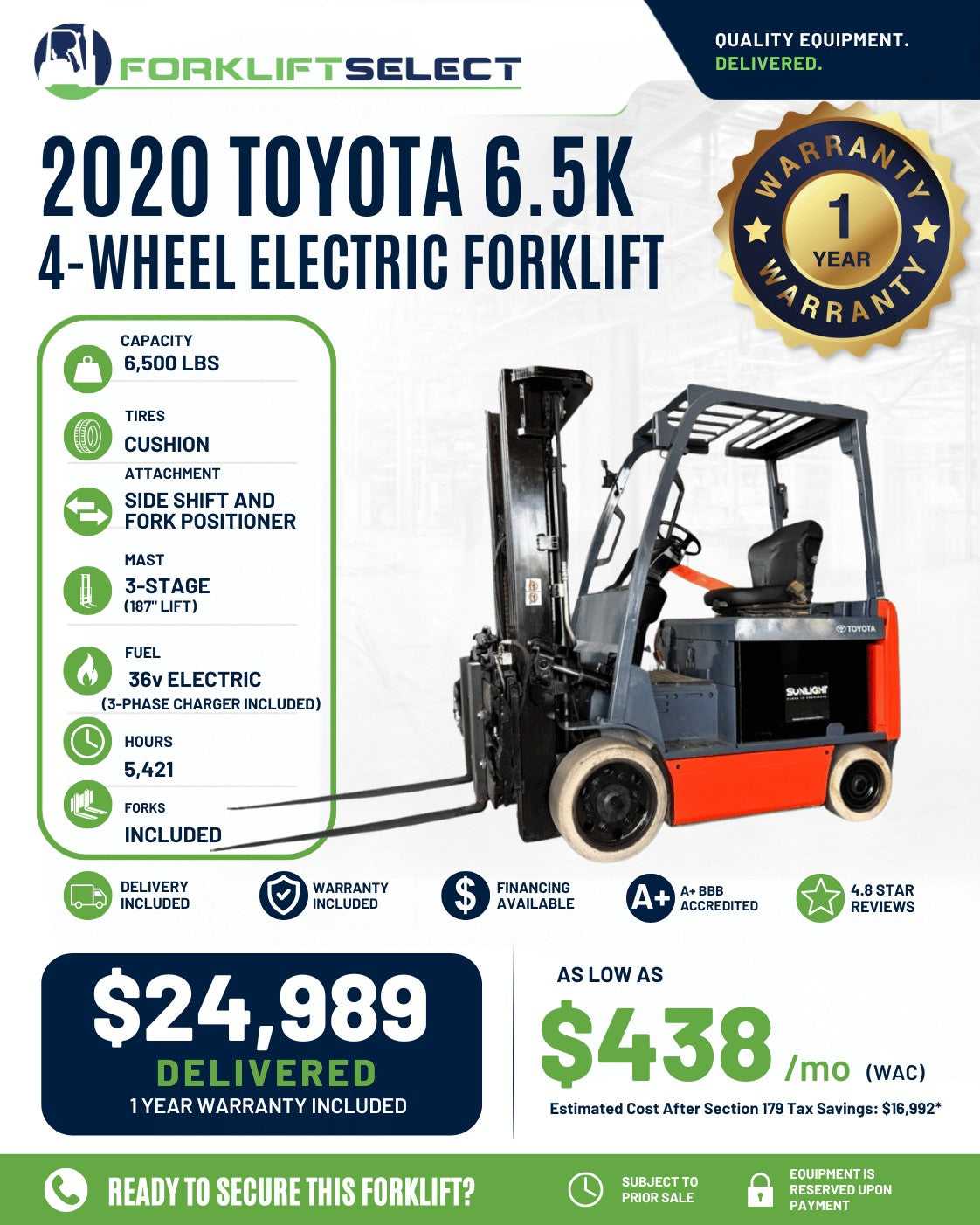 2020 Toyota 6.5K Cushion Tire Forkl...