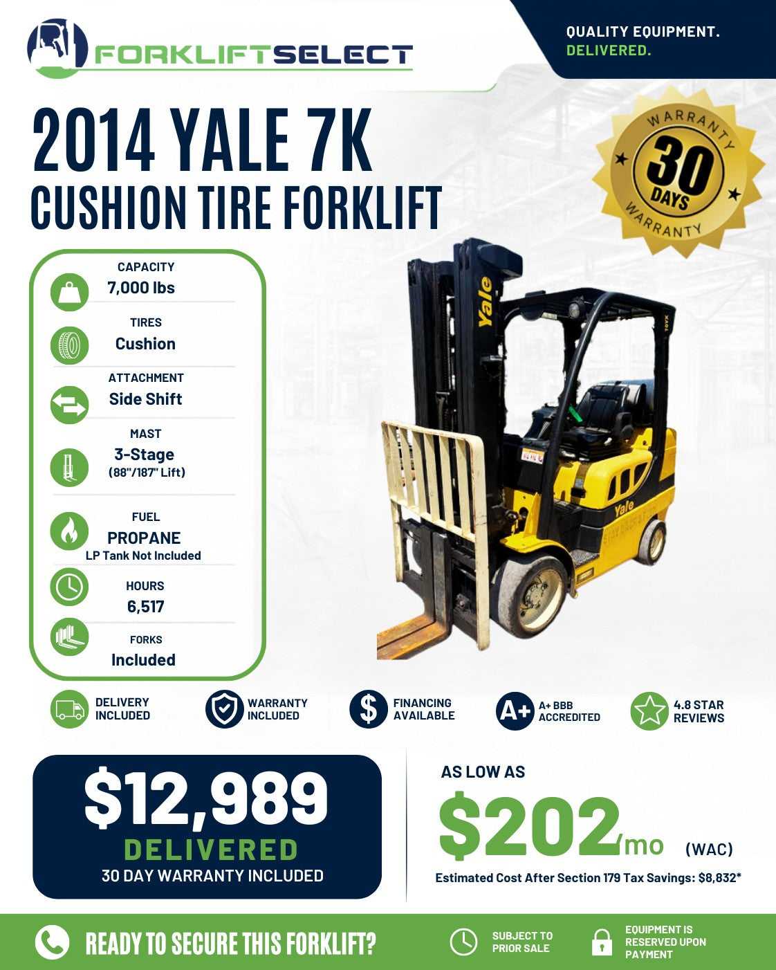 2014 Yale 7K Cushion Tire Forklift