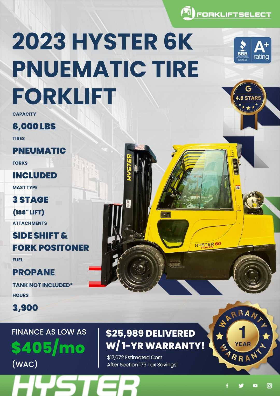 2023 Hyster 6K Pneumatic Tire Forklift