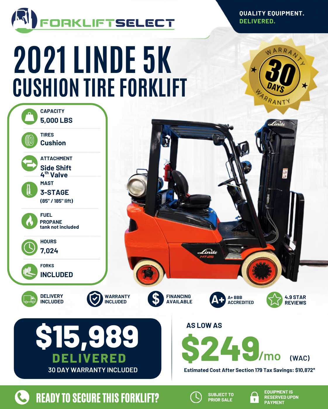 2021 Linde 5K Cushion Tire Forklift - 123Forklift