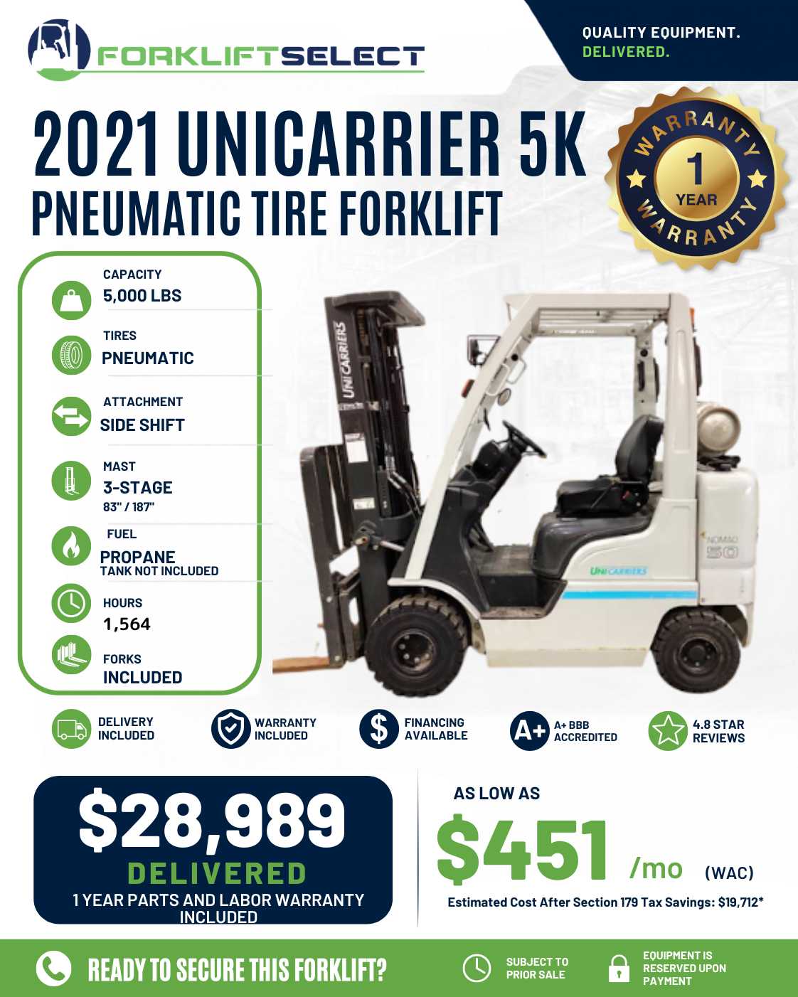 2021 UniCarrier 5K Pneumatic Tire F...