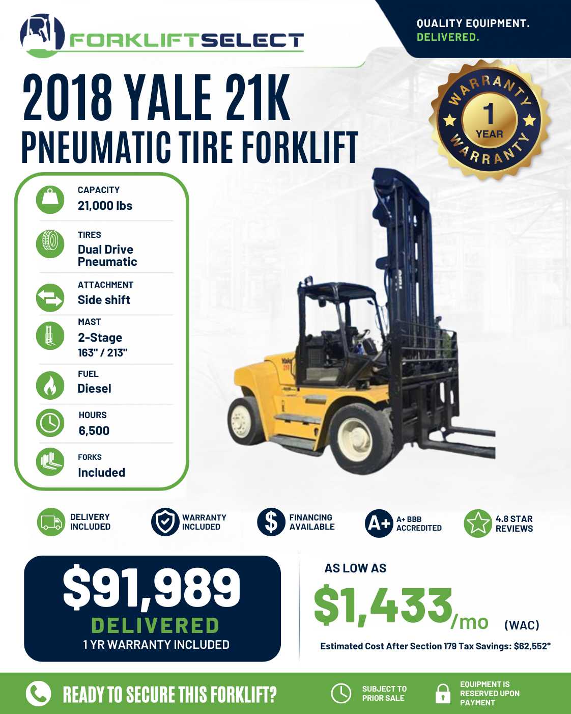 2018 Yale 21K Pneumatic Tire Forklift - 123Forklift
