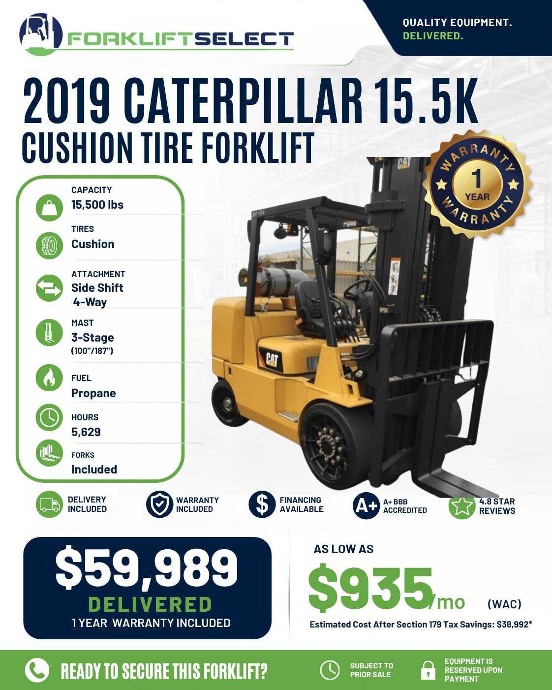 2019 Caterpillar 15.5K Cushion Tire...