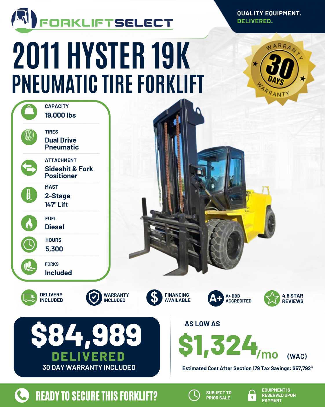 2011 Hyster 19K Pneumatic Tire Fork...