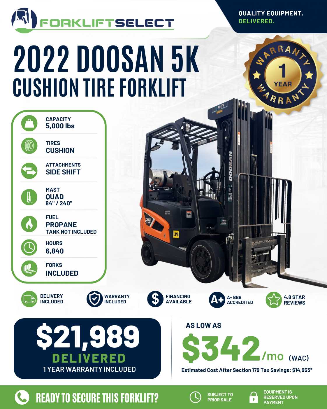 2022 Doosan 5K Cushion Tire Forklif...
