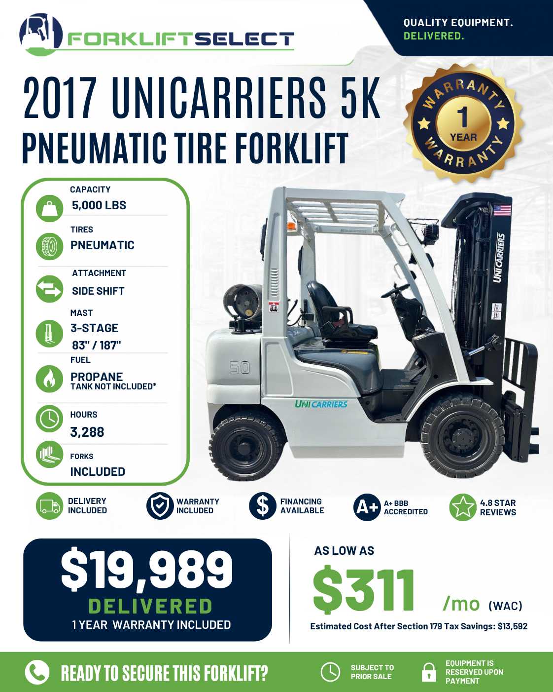 2017 UniCarriers 5K Pneumatic Tire ...