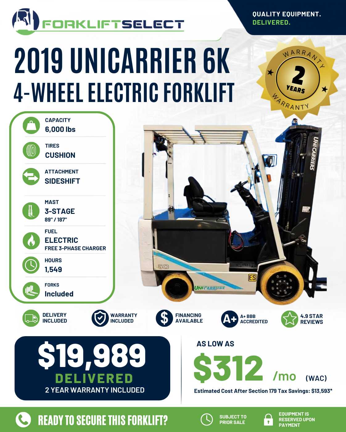 2019 UniCarrier 6K Cushion Tire For...