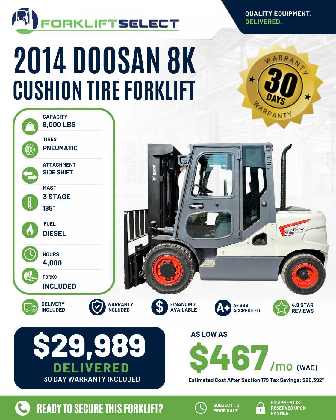 2014 Doosan 8K Pneumatic Tire Forkl...