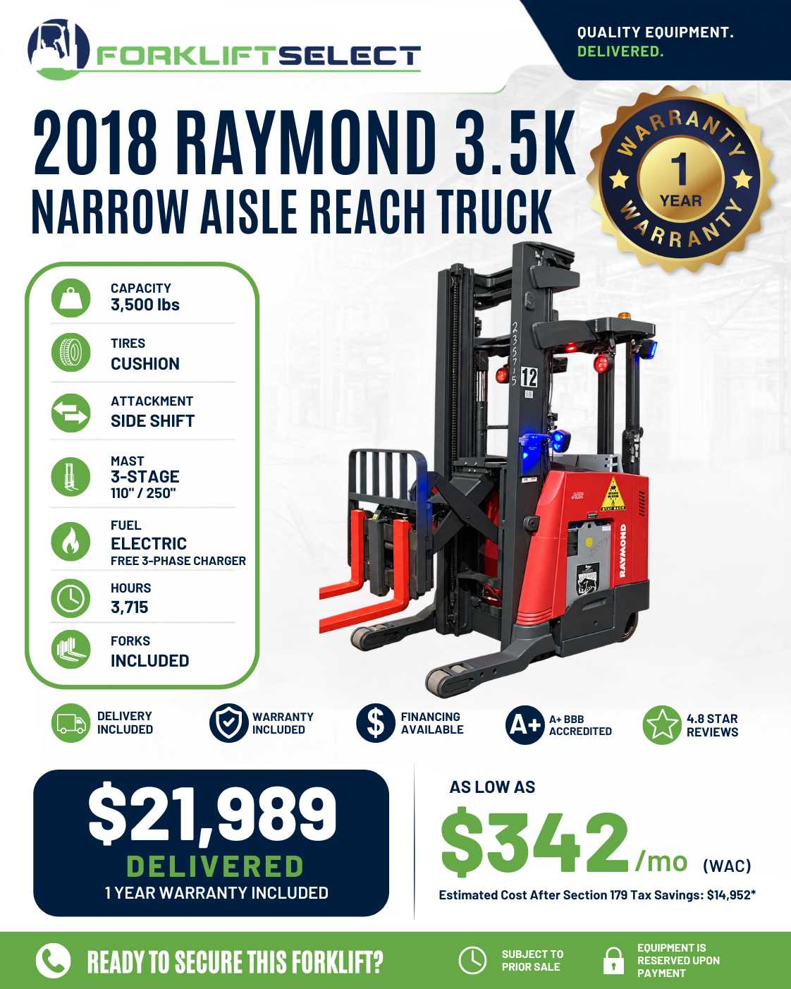 2018 Raymond 3.5K Cushion Tire Fork...