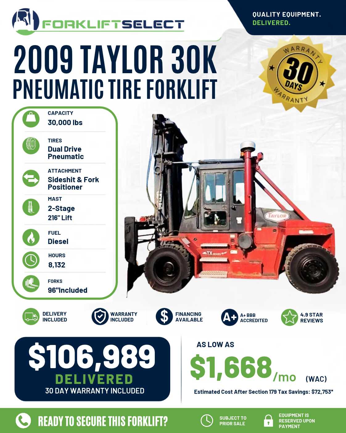 2009 Taylor 30K Pneumatic Tire Fork...