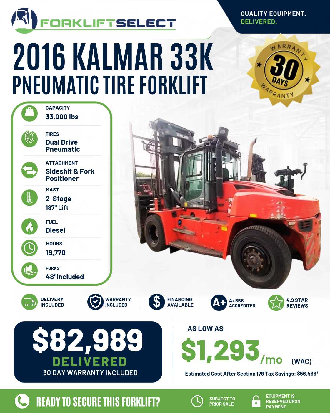2016 Kalmar 33K Pneumatic Tire Fork...