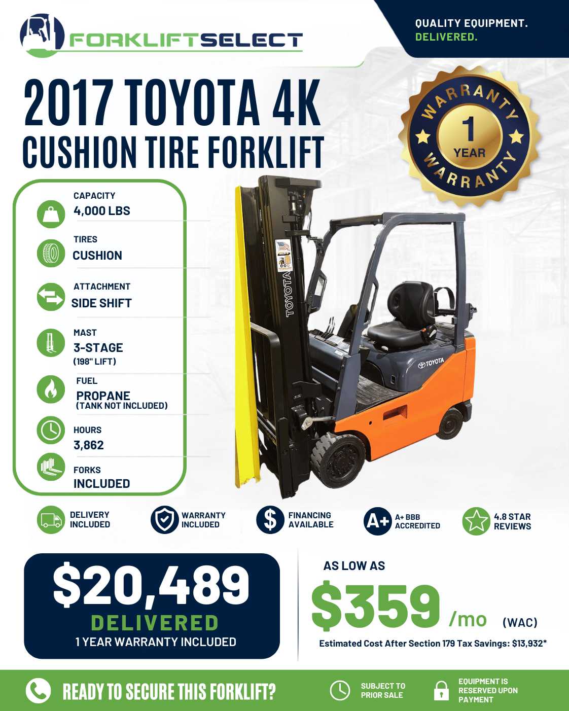 2017 Toyota 4K Cushion Tire Forklif...