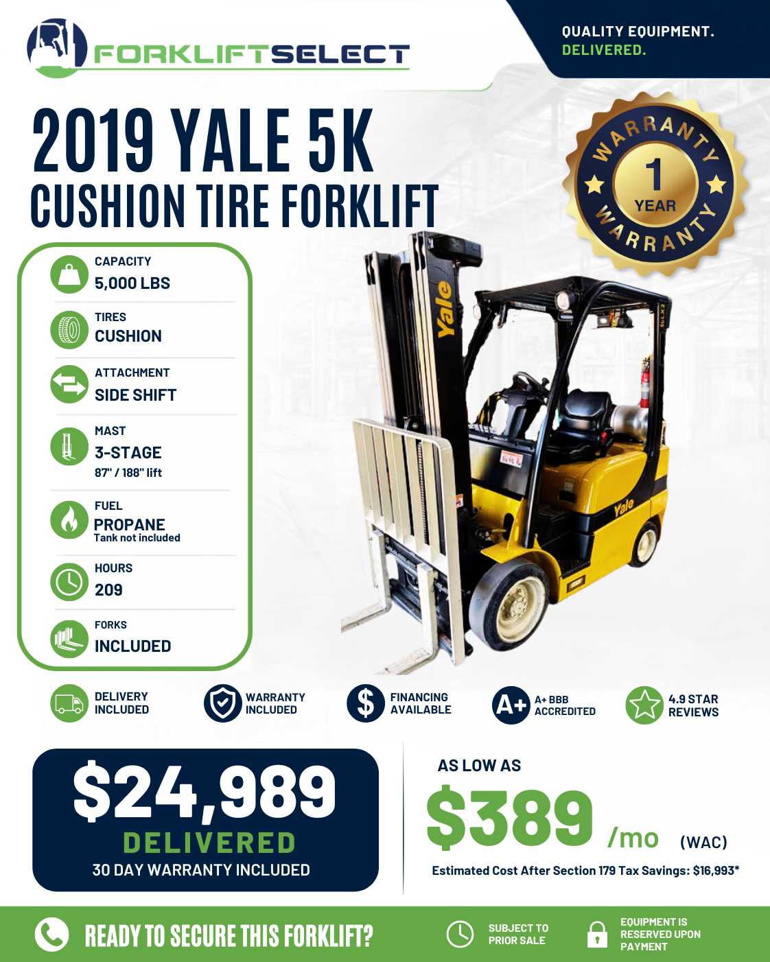 2019 Yale 5K Cushion Tire Forklift
