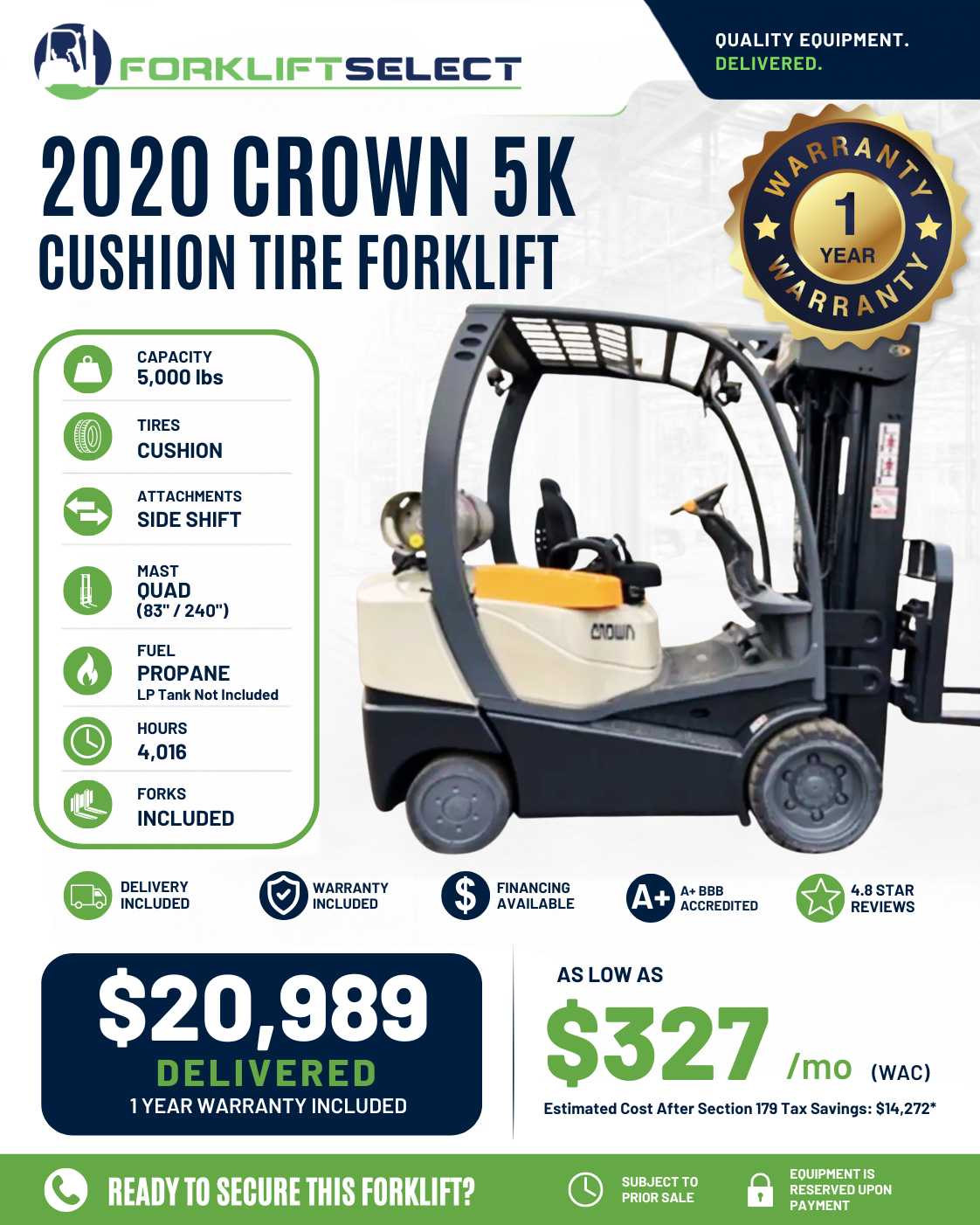2020 Crown 5K Cushion Tire Forklift...
