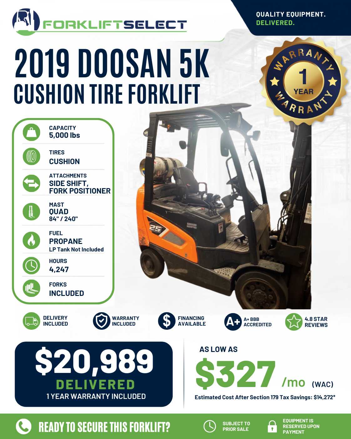 2019 Doosan 5K Cushion Tire Forklif...