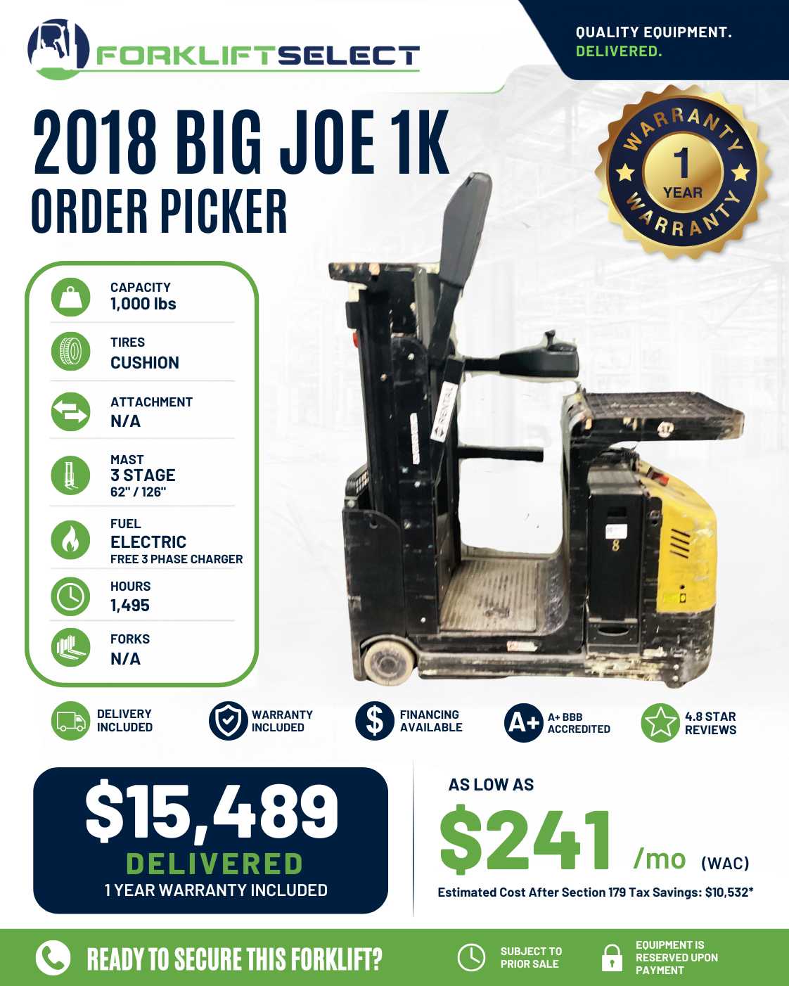 2018 Big Joe 1K Cushion Tire Forkli...