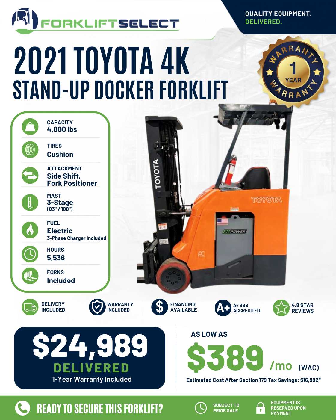 2021 Toyota 4K Cushion Tire Forklif...