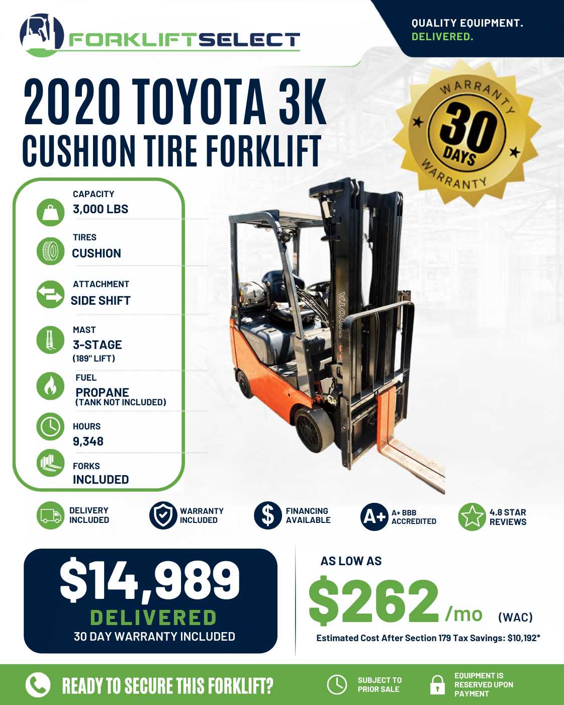 2020 Toyota 3K Cushion Tire Forklif...