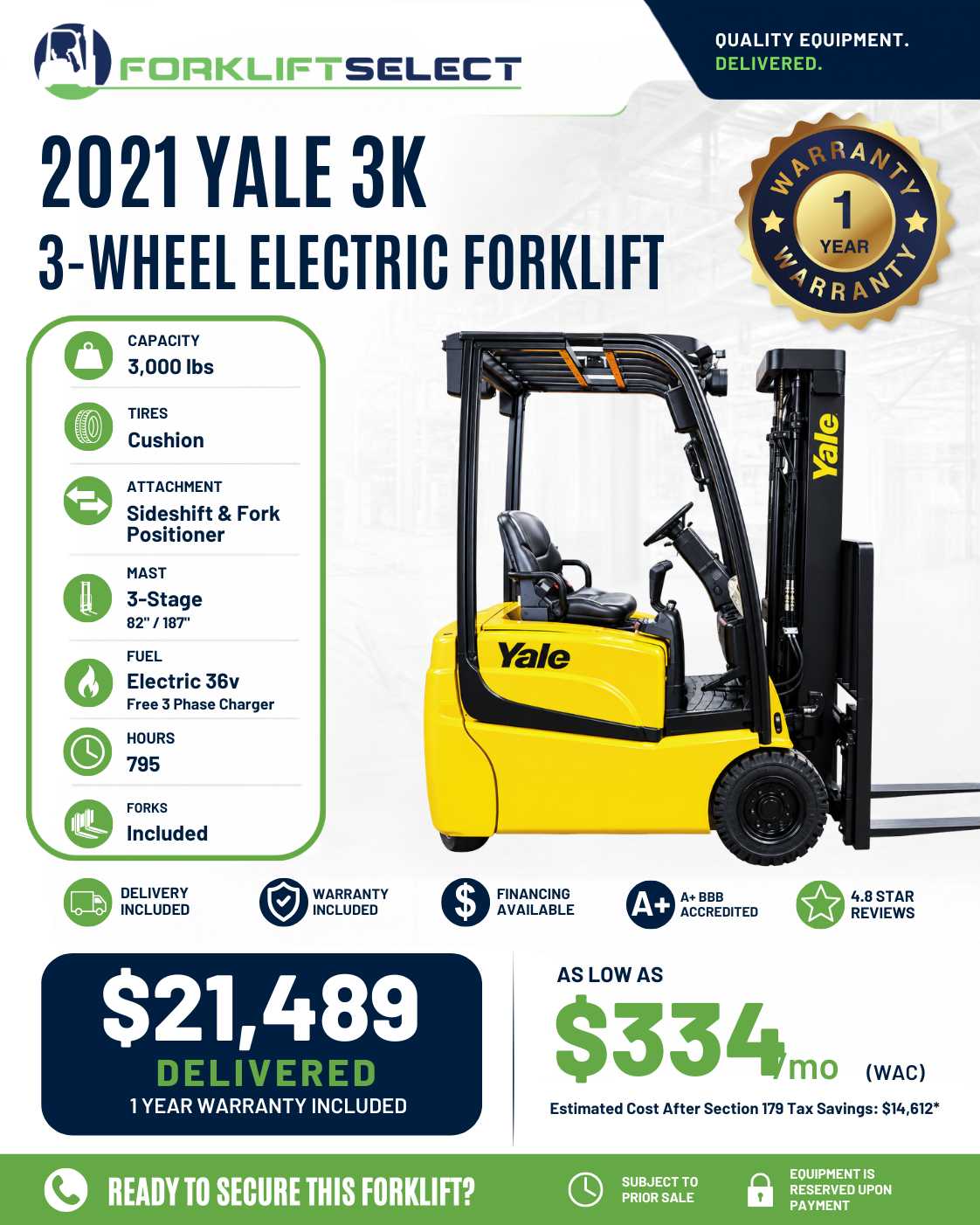 2021 Yale 3K Cushion Tire Forklift