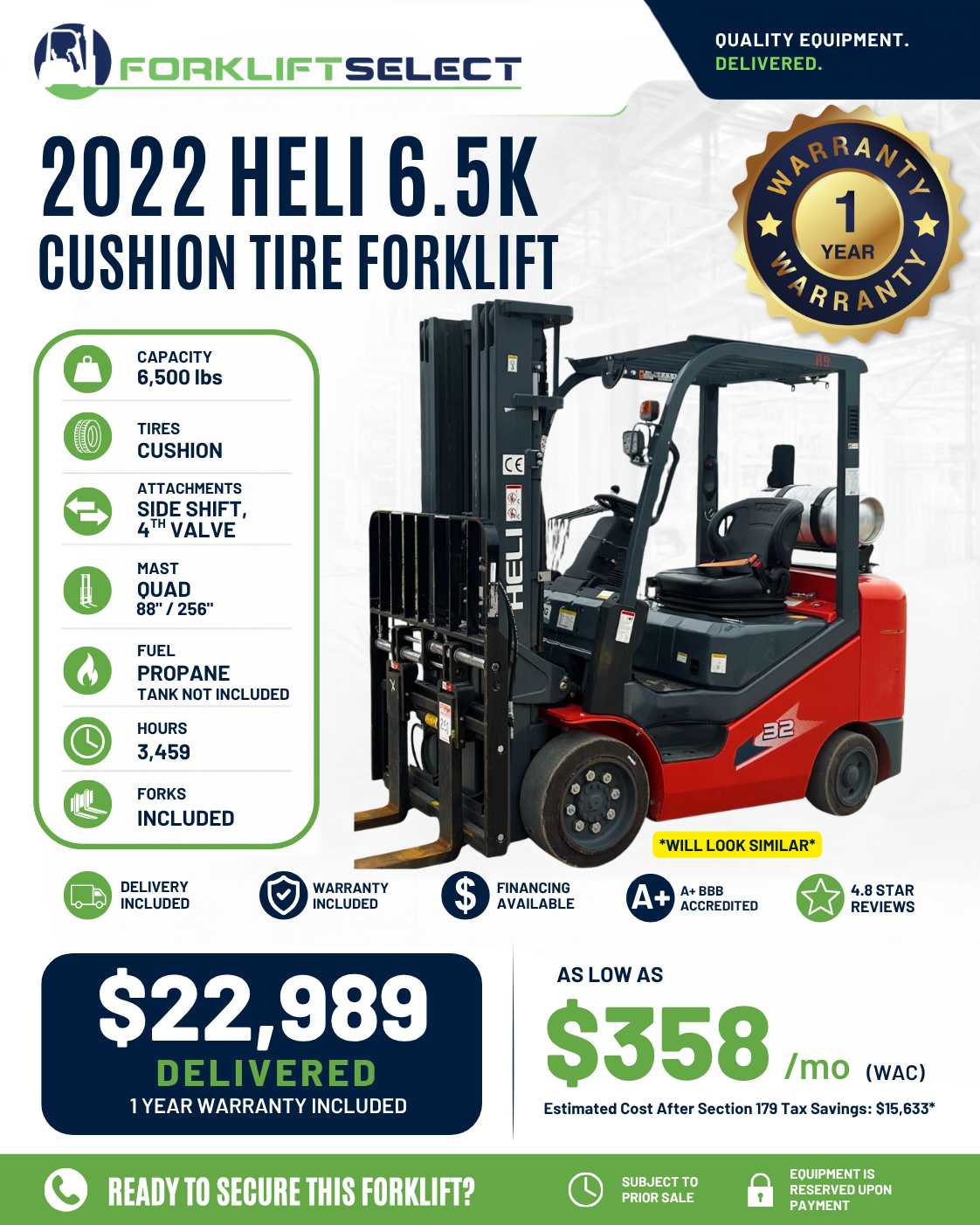 2022 Heli 6.5K Cushion Tire Forklif...