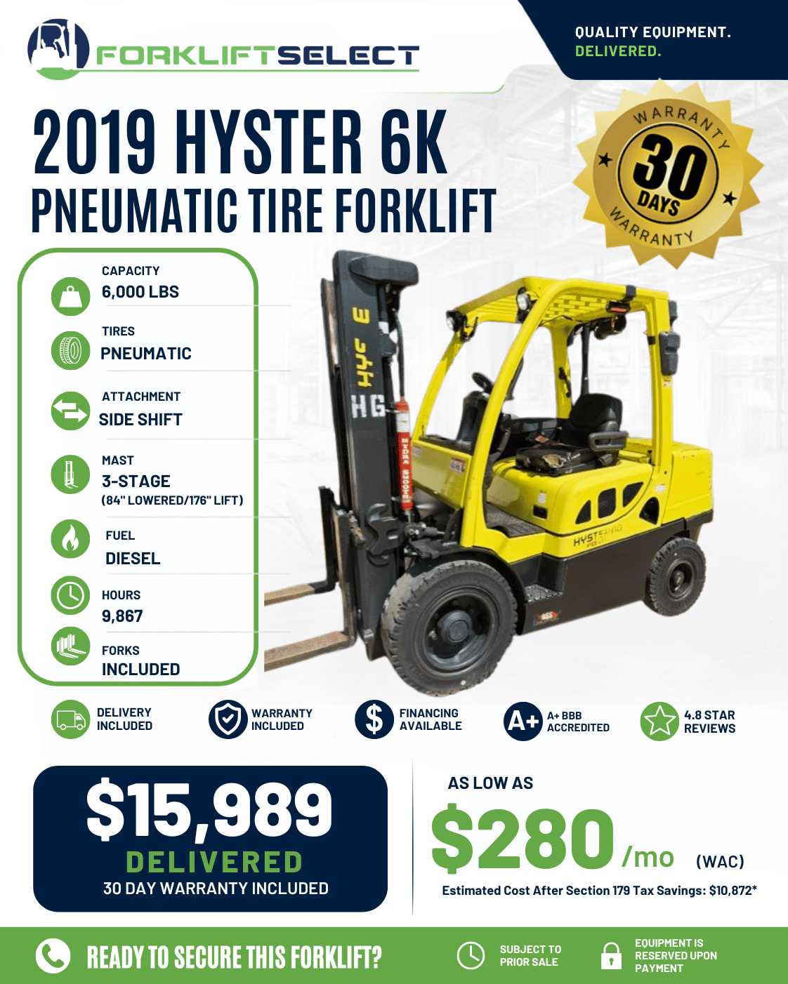 2019 Hyster 6K Pneumatic Tire Forkl...