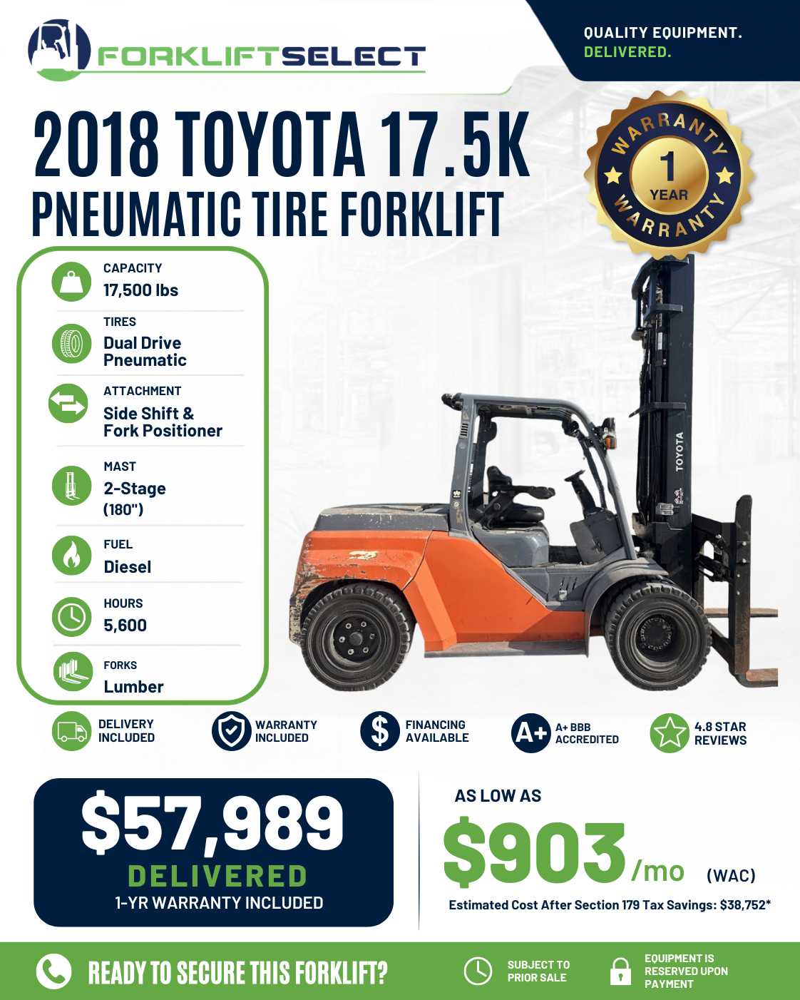 2018 Toyota 17.5K Pneumatic Tire Fo...