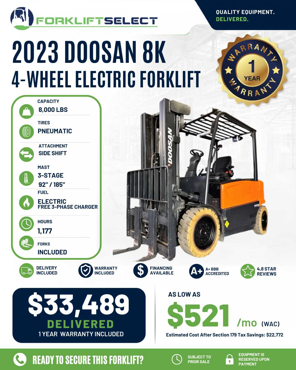 2023 Doosan 8K Pneumatic Tire Forkl...