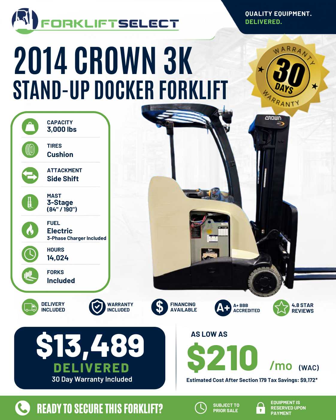 2014 Crown 3K Cushion Tire Forklift...