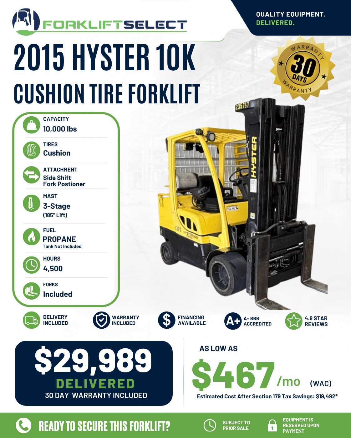 2015 Hyster 10K Cushion Tire Forkli...