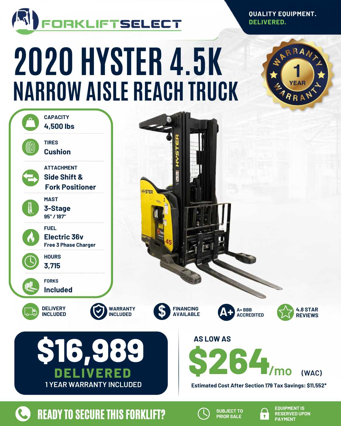 2020 Hyster 4.5K Cushion Tire Forkl...