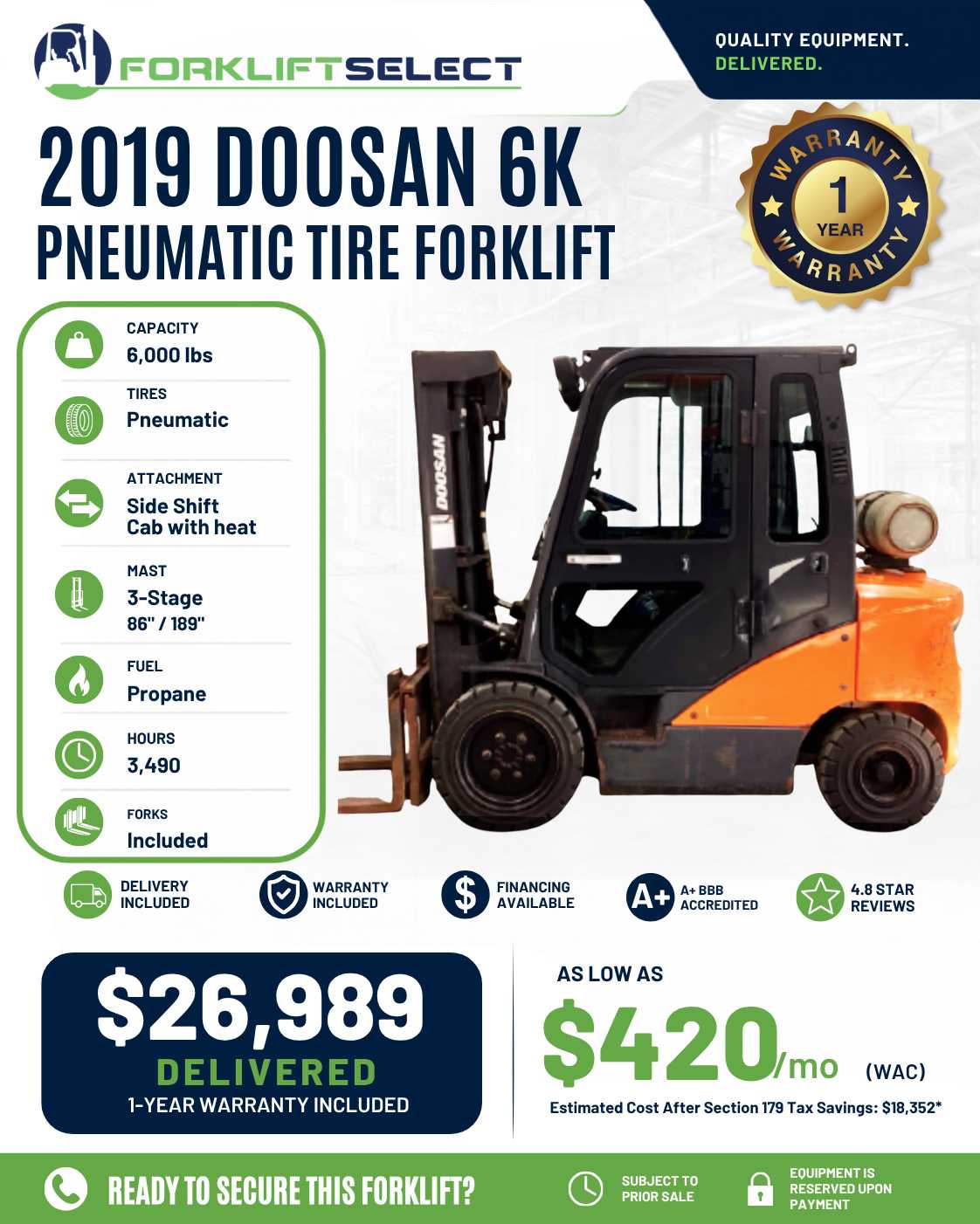 2019 Doosan 6K Pneumatic Tire Forkl...