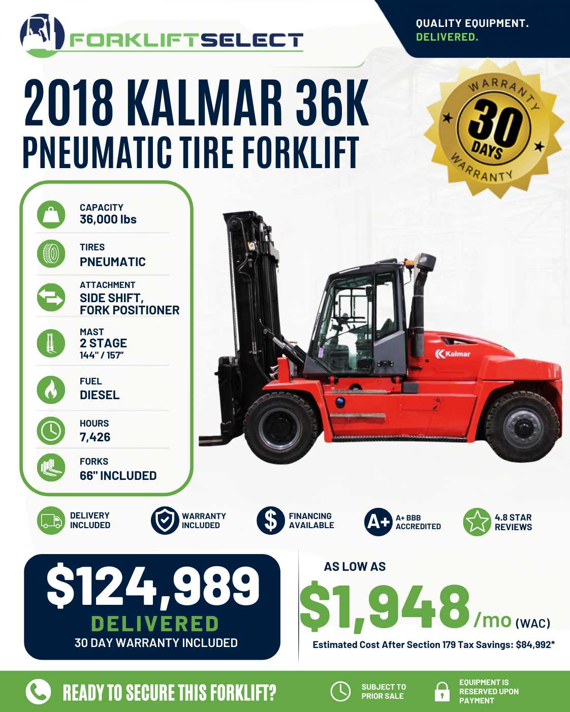 2018 Kalmar 36K Pneumatic Tire Fork...