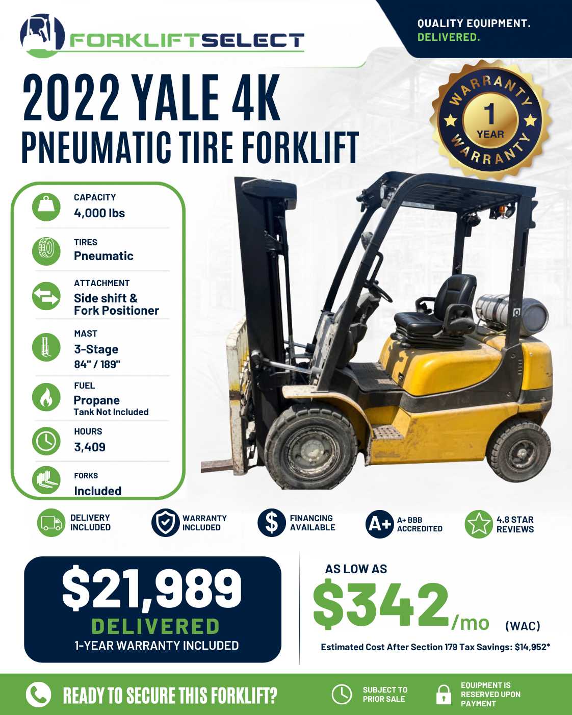 2022 Yale 4K Pneumatic Tire Forklif...