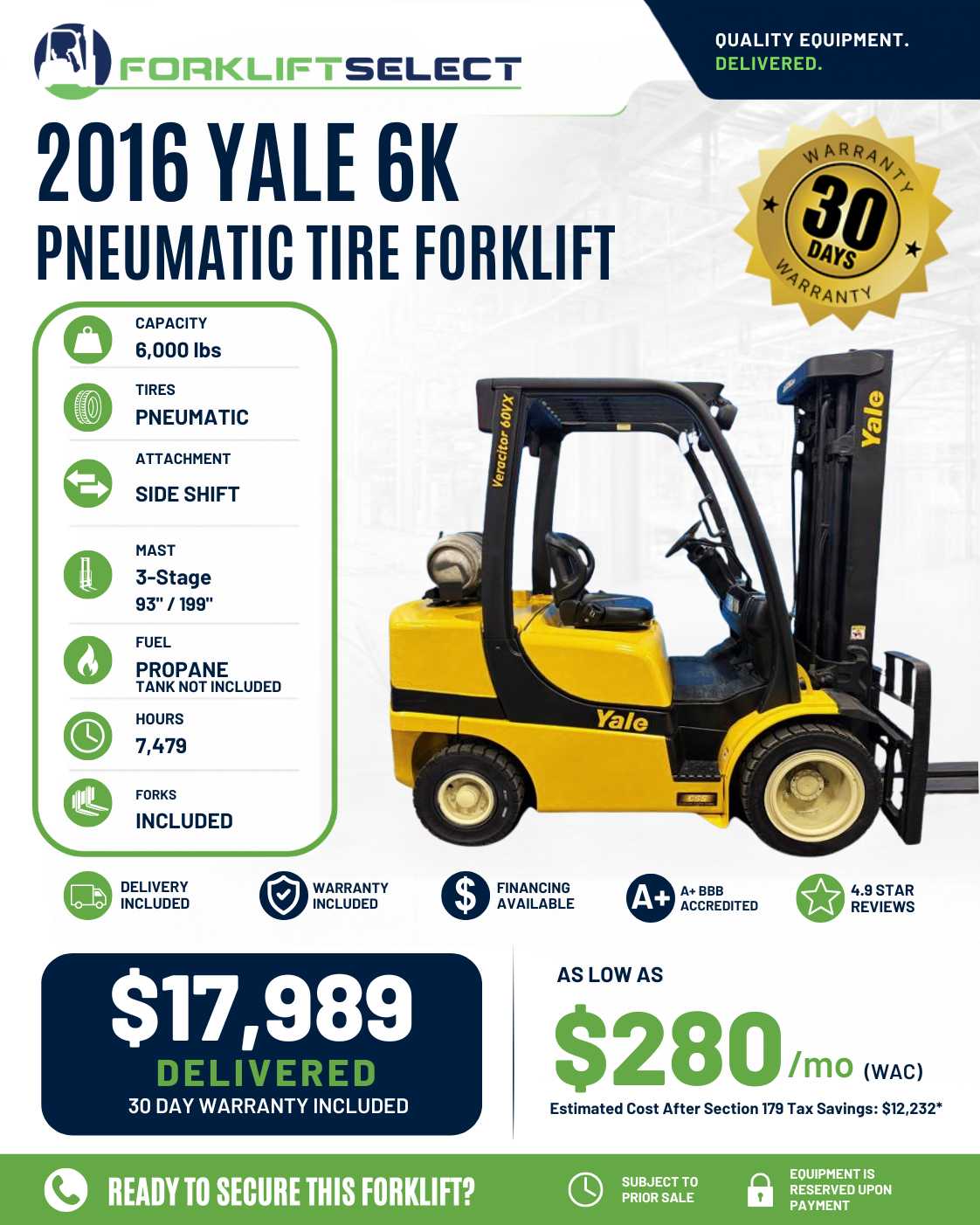 2016 Yale 6K Pneumatic Tire Forklif...