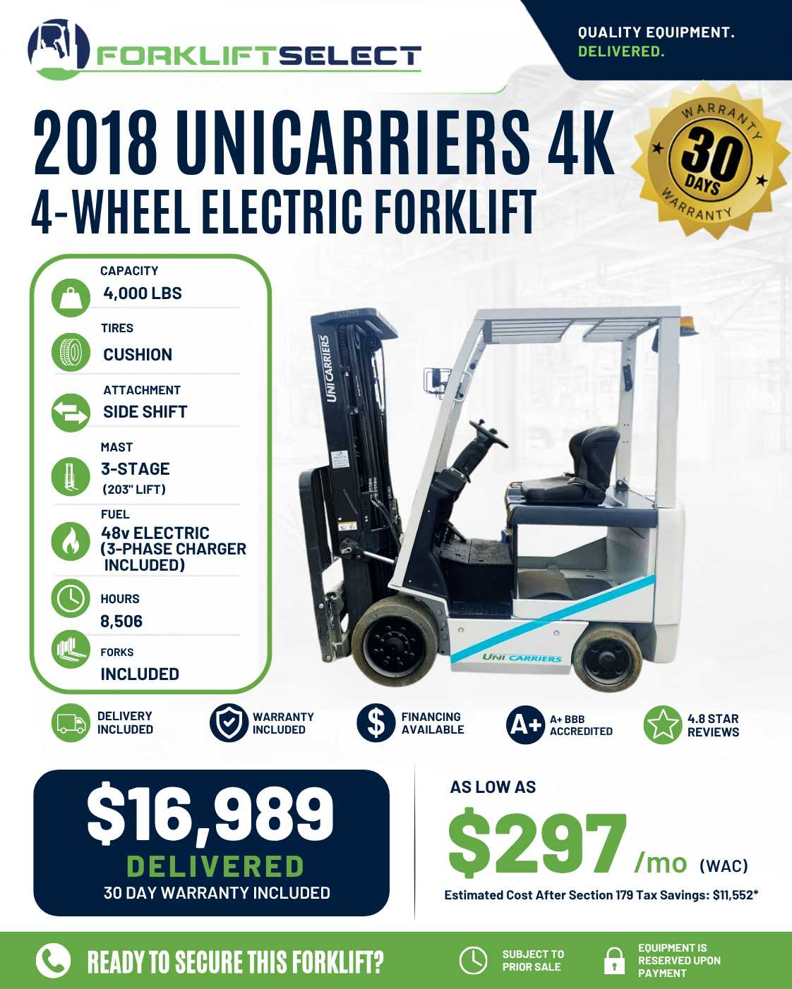 2018 UniCarriers 4K Cushion Tire Fo...